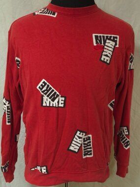 Nike LOGO Spellout All Over Print Red Crewneck Sweatshirt Mens Size Medium